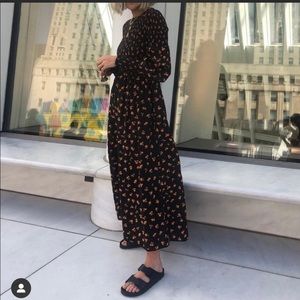 Ganni Black Maxi Dress with Orange Floral Design